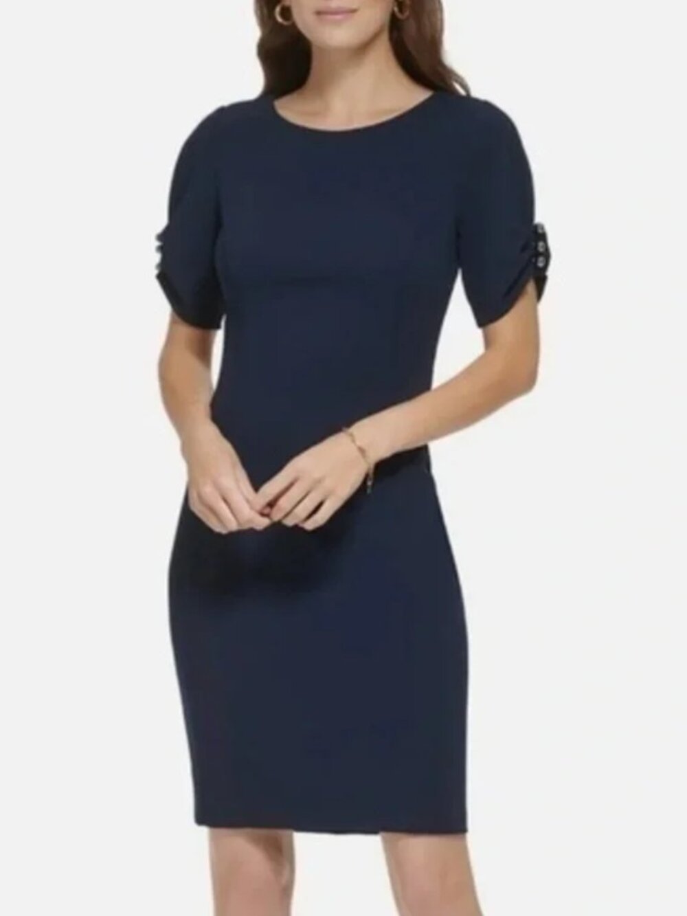 DKNY Navy Sheath Dress – Pearl Beaded Puff Sleeve | Scuba | Size 6